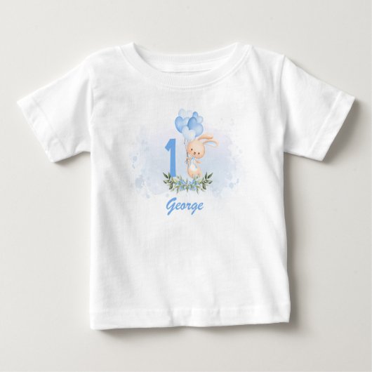 T-shirt Pour Bébé Superbe Bunny Bleu 1er Anniversaire Nom Vert Print (Devant)