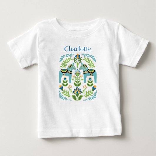 T-shirt Pour Bébé Swedish Dala Horses Teal Personalized (Devant)