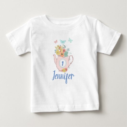 T-shirt Pour Bébé Teapot rose avec Fleurs et Papillons Anniversaire (Devant)