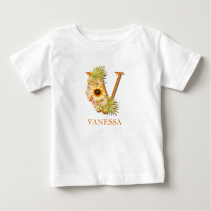 T-shirt Pour Bébé Tournesol floral monogramme lettre V avec nom