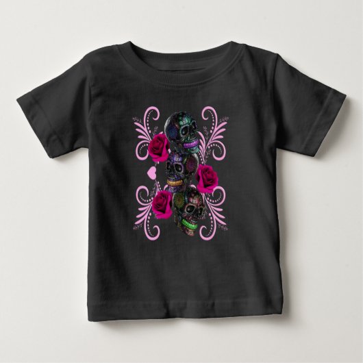 T-shirt Pour Bébé Triple Jour Noir Des Crânes Morts Roses Rose (Devant)