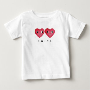 T-shirt Pour Bébé Twin Babies Deux Aquarelles Coeurs rouges Souriant