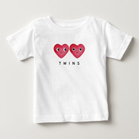 T-shirt Pour Bébé Twin Babies Deux Aquarelles Coeurs rouges Souriant (Devant)