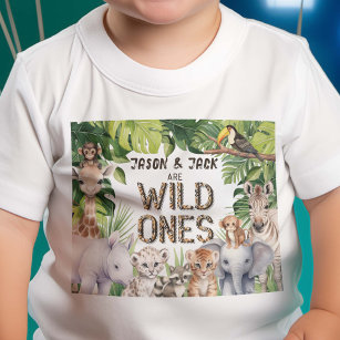 T-shirt Pour Bébé Twins Wild Ones, Jungle Safari Animaux mignons, 1è