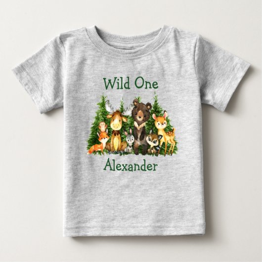 T-shirt Pour Bébé Un premier anniversaire sauvage Forêt Animaux Arbr (Devant)