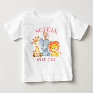 T-shirt Pour Bébé Une Fille Pink Jungle Animaux Sauvés Un Anniversai
