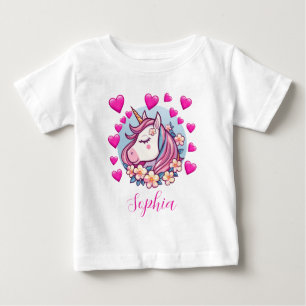 T-shirt Pour Bébé Unicorne mignonne, Coeurs et Fleurs roses, Nom per