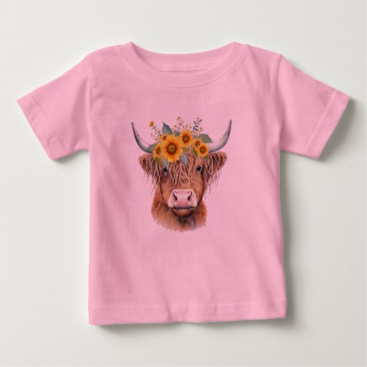 T-shirt Pour Bébé Vache Highland Aux Fleurs (Devant)