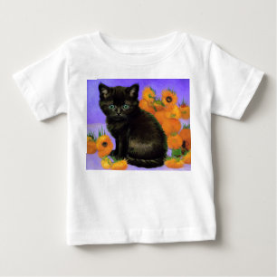 T-shirt Pour Bébé Van Gogh Kitten noir avec des tournesols
