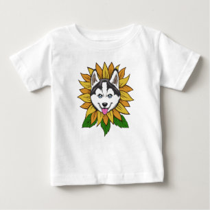 T-shirt Pour Bébé Visage de Chien Husky Sibérien sur un Tournesol