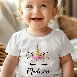 T-shirt Pour Bébé Visage Unicorne avec cils Nom personnalisé