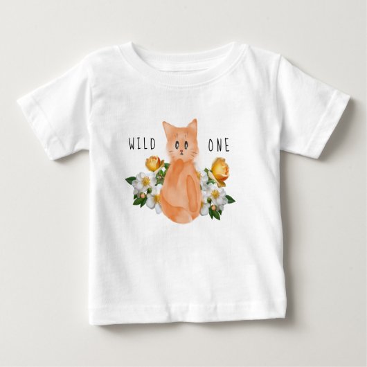 T-shirt Pour Bébé Wild One - Chat bébé et fleurs 1er anniversaire (Devant)