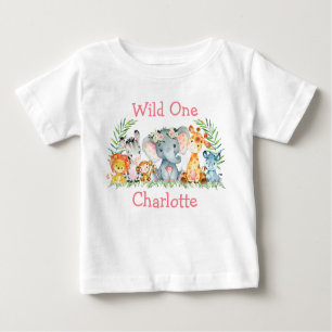 T-shirt Pour Bébé Wild Un 1er anniversaire Safari Animaux Fleurs ros