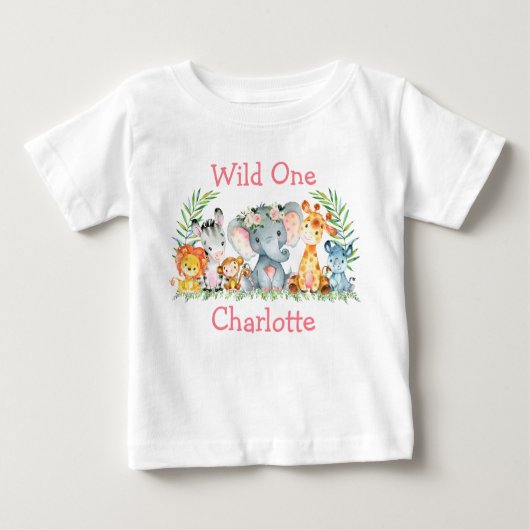 T-shirt Pour Bébé Wild Un 1er anniversaire Safari Animaux Fleurs ros (Devant)