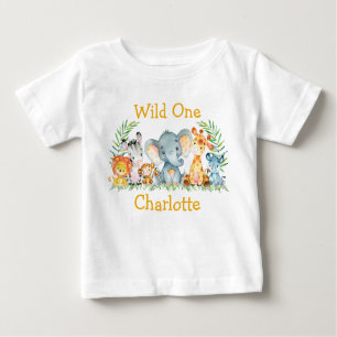 T-shirt Pour Bébé Wild Un 1er anniversaire Safari Animaux Jaune