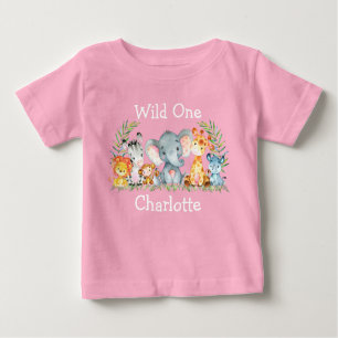 T-shirt Pour Bébé Wild Un 1er anniversaire Safari Animaux rose