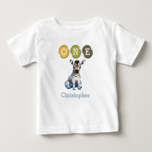 T-shirt Pour Bébé Zebra 1er anniversaire un avec le nom bleu (Devant)