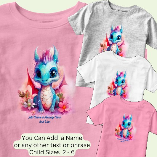 T-shirt Pour Les Tous Petits Ajouter le nom Texte, Bleu rose Bébé Dragon