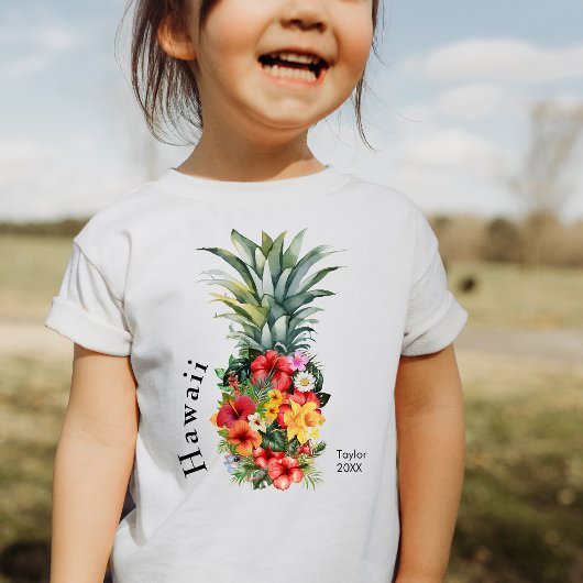 T-shirt Pour Les Tous Petits Ananas Tropical Hawaii avec fleurs, Nom de famille