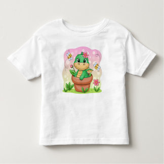 T-shirt Pour Les Tous Petits Caricature de dragon vert mignon dans le pot de fl