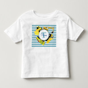 T-shirt Pour Les Tous Petits Chariots de construction Bleu rayures Monogramme
