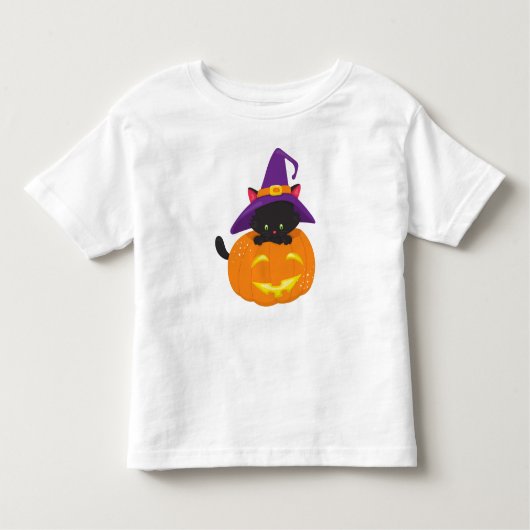 T-shirt Pour Les Tous Petits Chat d'Halloween, Chat noir, Casquette de sorcière (Devant)