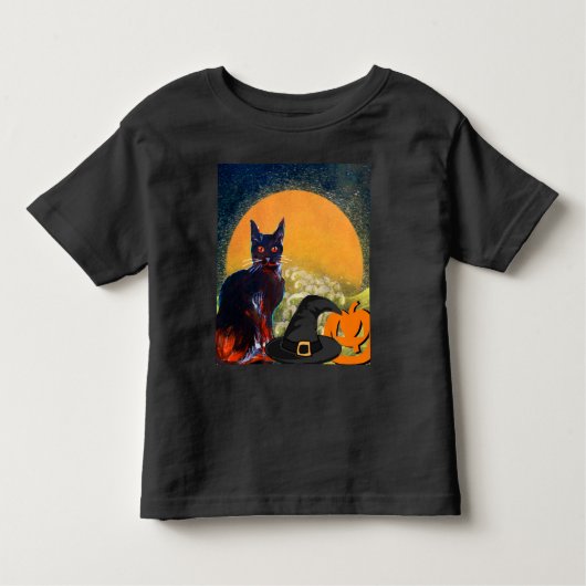 T-SHIRT POUR LES TOUS PETITS CHAT NOIR, CASQUETTE WITCH ET CITROUILLE HALLOWEEN (Devant)