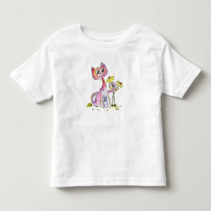 T-shirt Pour Les Tous Petits Chat rose blanc mignon avec Fleurs Jaunes