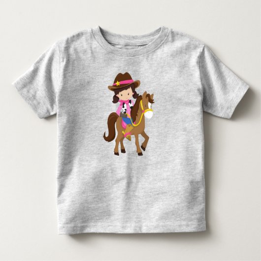 T-shirt Pour Les Tous Petits Cowgirl, shérif, cheval, western, cheveux bruns (Devant)