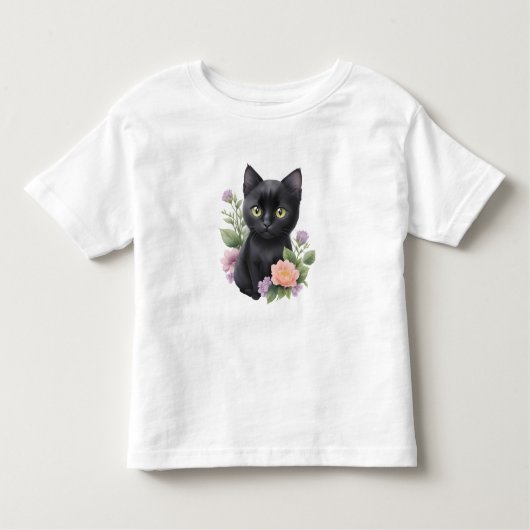 T-shirt Pour Les Tous Petits Cute Black Chat Floral Whimsical (Devant)