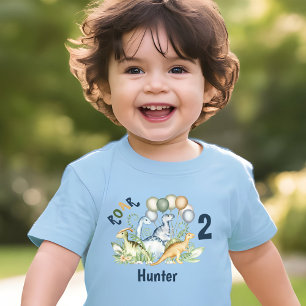 T-shirt Pour Les Tous Petits Dinosaur Boy Blue Green Name 2e anniversaire