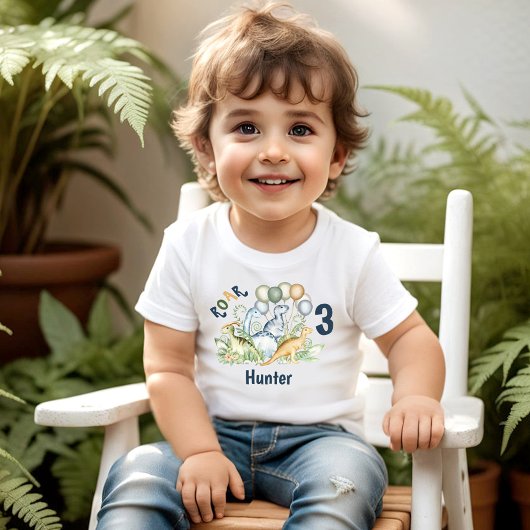 T-shirt Pour Les Tous Petits Dinosaur Boy Blue Green Name 3ème anniversaire