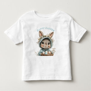T-shirt Pour Les Tous Petits Joyeux Bunny Bleu Casquette Panier Oeufs Fleurs