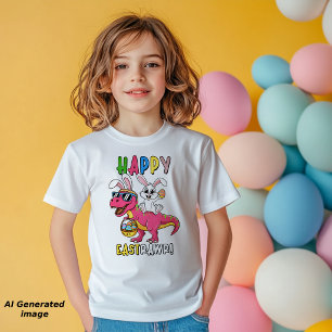 T-shirt Pour Les Tous Petits Lapin chevauchant un dinosaure T-Rex Joyeuse Pâqwe