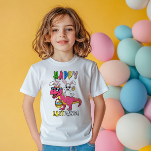 T-shirt Pour Les Tous Petits Lapin chevauchant un dinosaure T-Rex Joyeuse Pâqwe