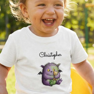 T-shirt Pour Les Tous Petits Mignon Copain Monstre Vert Violet Fluffy