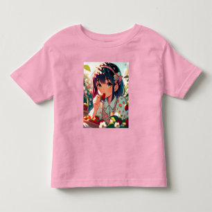 T-shirt Pour Les Tous Petits Mignonne Anime Girl Mange des fraises   Jour d'été