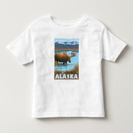 T-shirt Pour Les Tous Petits Orignaux buvant au lac - Anchorage, Alaska (Devant)
