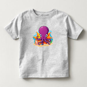 T-shirt Pour Les Tous Petits Poulpe de dessin animé mignon sur une plage ensole