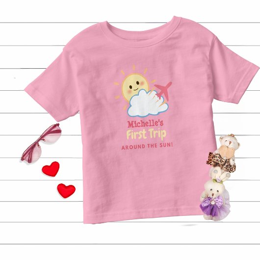 T-shirt Pour Les Tous Petits Premier anniversaire fille rose avion Jaune nuage