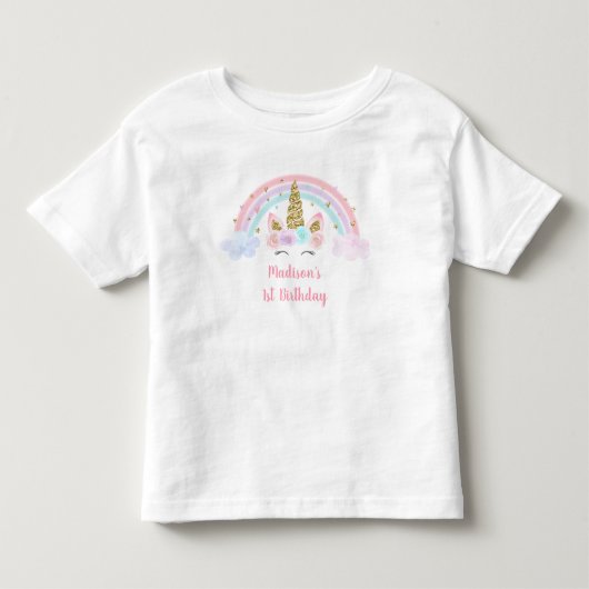 T-shirt Pour Les Tous Petits Unicorne Arc-en-ciel rose or 1er anniversaire (Devant)