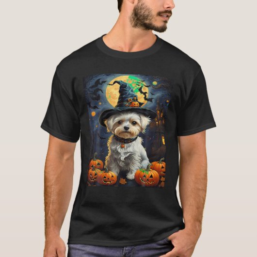 T-shirt Poussière Citrouille de sorcière pour chien maltai (Devant)