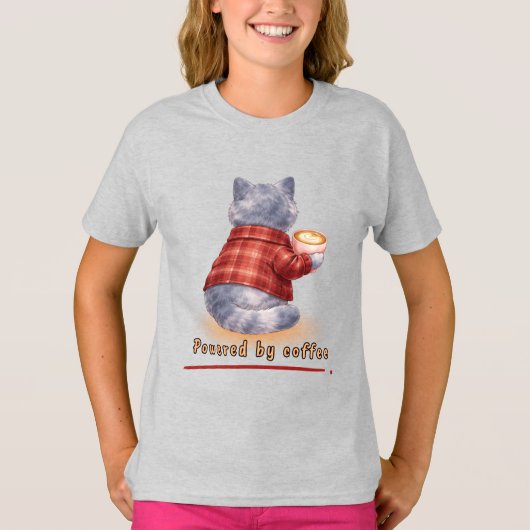 T-shirt "Powered by Coffee" Cat Holding A Cup of Coffee (Devant)