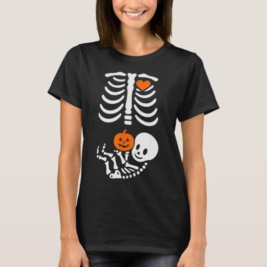 T-shirt Pregnant Skeleton Baby Bump Funny Halloween Tee (Devant)