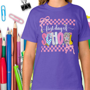 T-shirt Premier Jour d'École à Carreaux Coquette Nœud Prép