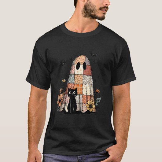 T-shirt Préparatifs Rétro Floral Patchwork Fantôme et Chat (Devant)