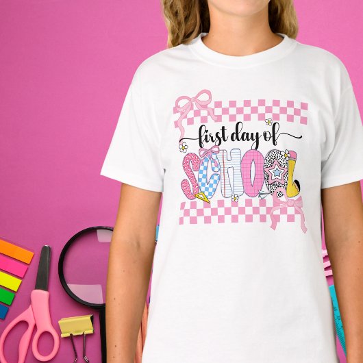 T-shirt Preppy First Day of School Checkered Coquette Bow