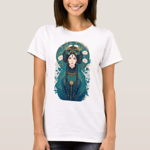 T-shirt Prêtresse Druide de la Forêt Portrait Floral Turqu