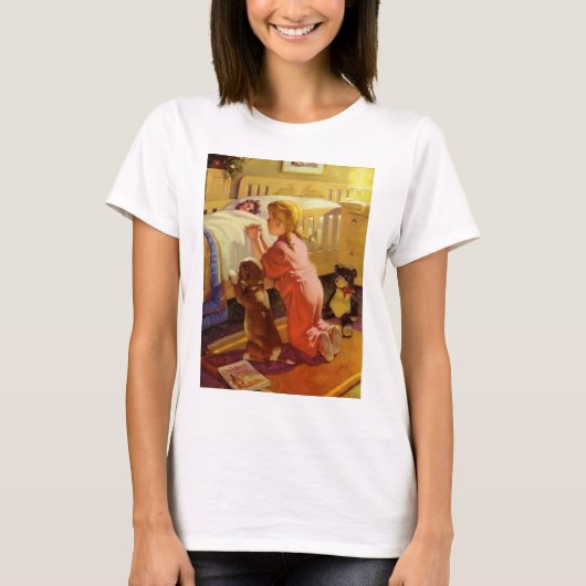 T-shirt Prières au coucher, Fille avec chiot, Religion Vin (Devant)