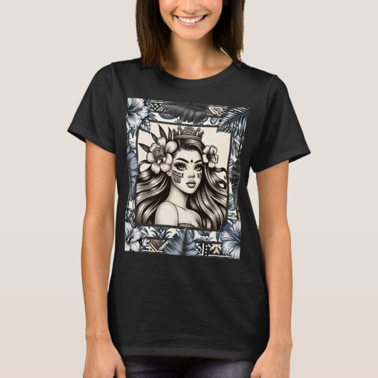 T-shirt Princesse Polynésienne Fleurie Tribale Bleue (Devant)